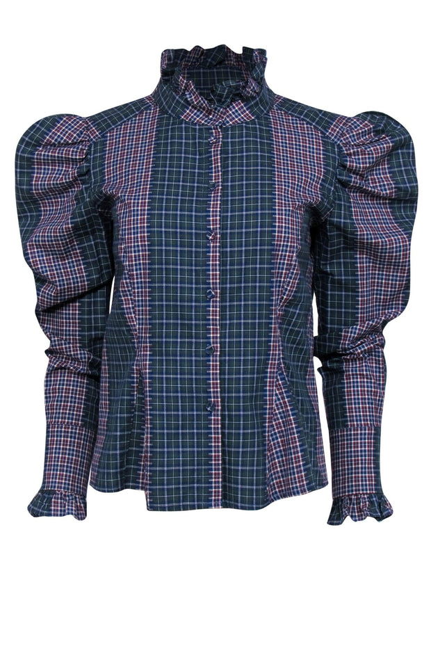 Current Boutique-Petersyn - Green, Burgundy & Navy Plaid "Sasha" Cotton Ruffled Blouse Sz M