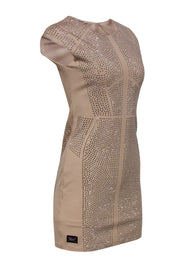 Current Boutique-Philipp Plein - Tan Cap Sleeve Sheath Dress w/ Rhinestones Sz M