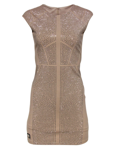 Current Boutique-Philipp Plein - Tan Cap Sleeve Sheath Dress w/ Rhinestones Sz M