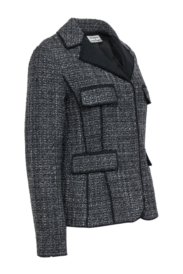 Current Boutique-Philosophy di Alberta Ferretti - Grey & Silver Tweed Wool Blend Jacket w/ Black Trim Sz 10