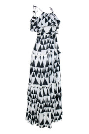 Current Boutique-Place Nationale - White & Navy Geometric Print Tiered Maxi Dress w/ Eyelet Trim Sz S