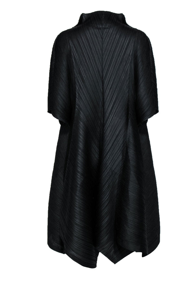 Current Boutique-Pleats Please Issey Miyake - Black Silky Pleated Longline Short Sleeve Kimono Sz XXL