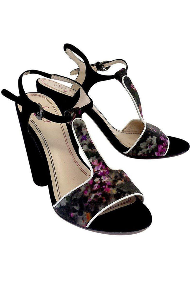 Current Boutique-Plenty by Tracy Reese - Black Print Suede Sandal Heels Sz 9.5