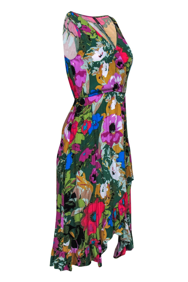 Current Boutique-Plenty by Tracy Reese - Green Floral Faux Wrap Dress w/ Ruffle Hem Sz XS