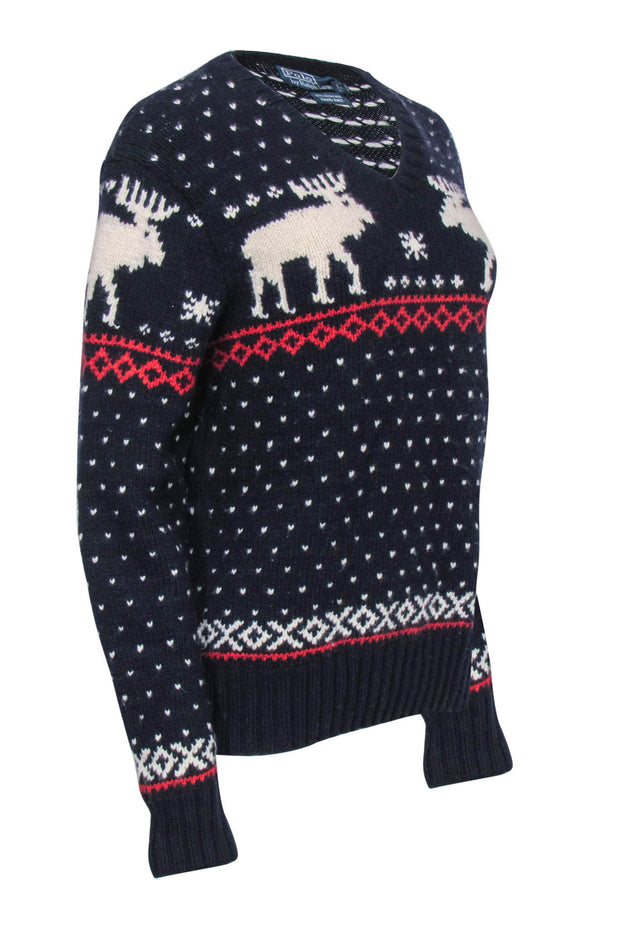 Current Boutique-Polo Ralph Lauren - Navy Reindeer Print Knit Wool Sweater Sz M