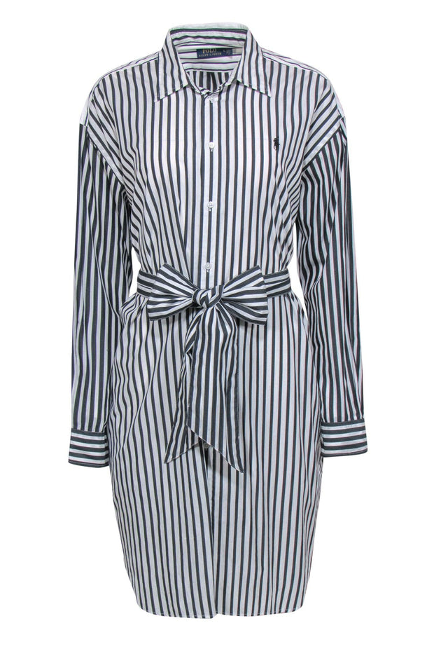 Current Boutique-Polo Ralph Lauren - White & Black Striped Belted Shirtdress Sz 14