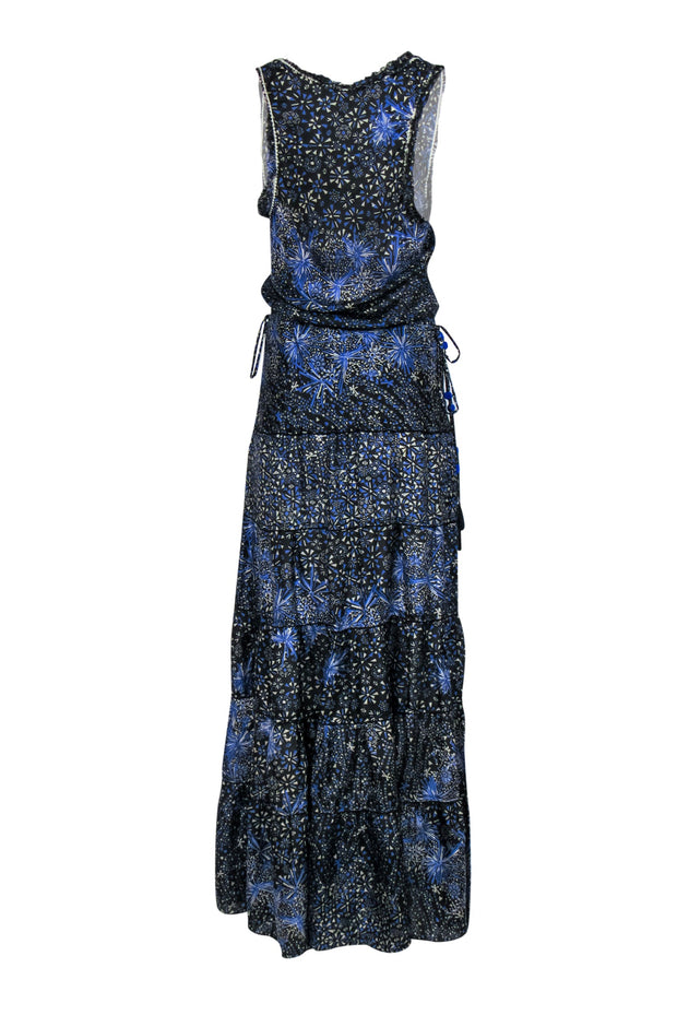 Current Boutique-Poupette St Barth - Blue & Black Bohemian Print Tiered Silk Maxi Dress Sz L