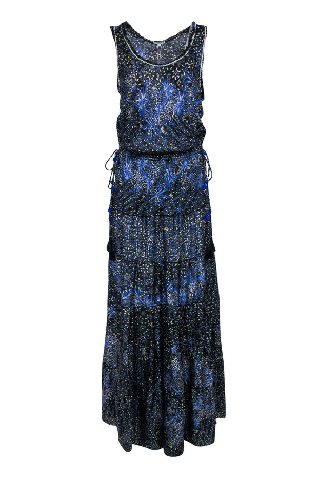 Current Boutique-Poupette St Barth - Blue & Black Bohemian Print Tiered Silk Maxi Dress Sz L