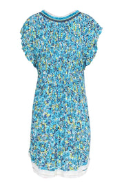 Current Boutique-Poupette St Barth - Teal & Chartreuse Floral "Sasha" Pleated Mini Dress Sz L