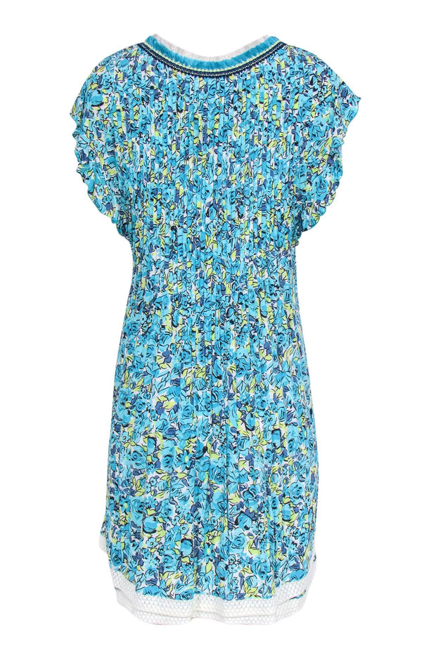 Current Boutique-Poupette St Barth - Teal & Chartreuse Floral "Sasha" Pleated Mini Dress Sz L