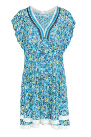 Current Boutique-Poupette St Barth - Teal & Chartreuse Floral "Sasha" Pleated Mini Dress Sz L