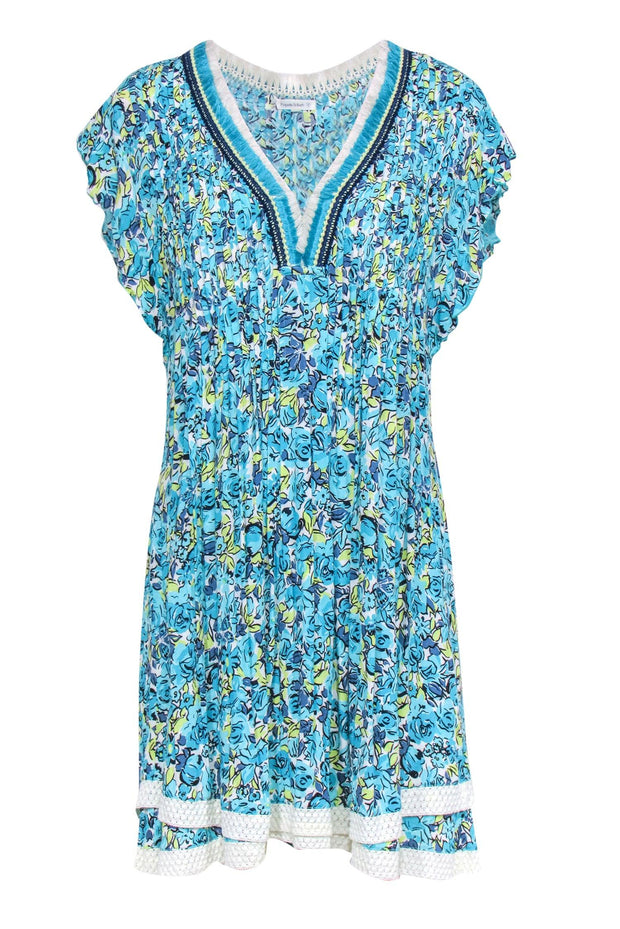 Current Boutique-Poupette St Barth - Teal & Chartreuse Floral "Sasha" Pleated Mini Dress Sz L