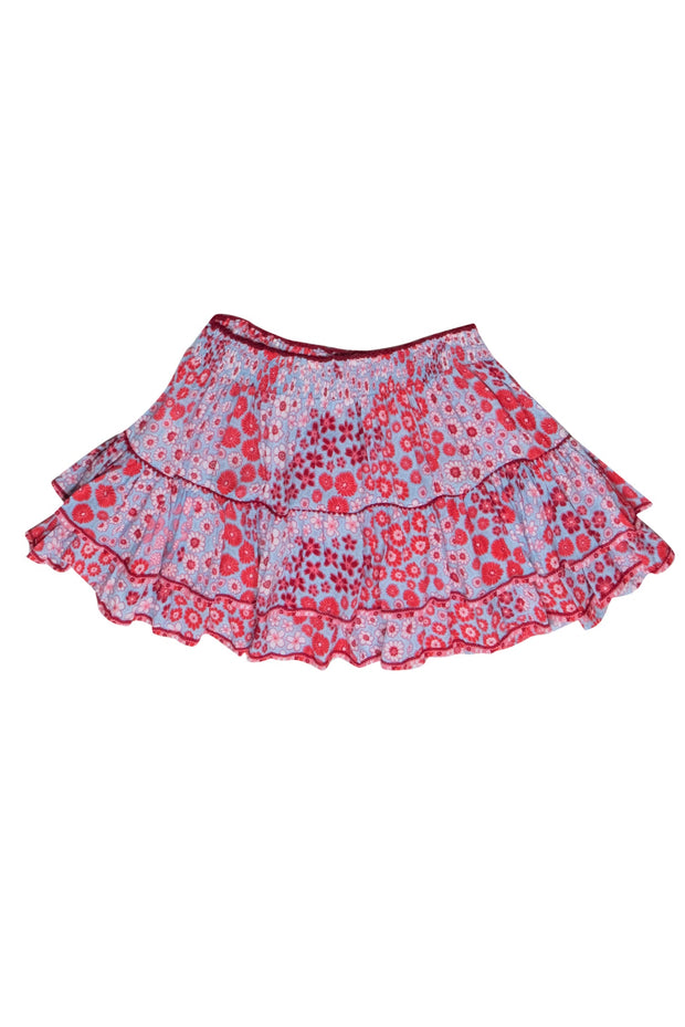 Current Boutique-Poupette St. Barth - Sky Blue, Pink & Red Floral Print Ruffled "Camila" Miniskirt Sz S/M