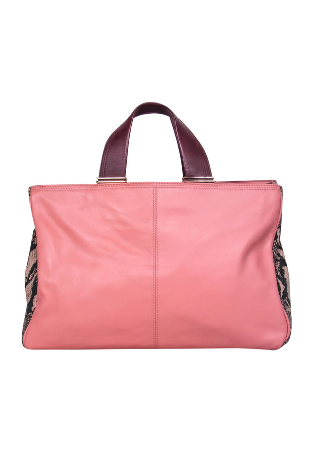 Current Boutique-Pour La Victoire - Pink Leather Convertible Satchel w/ Snakeskin, Maroon & Beige Trim