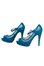 Current Boutique-Pour La Victoire - Teal Suede Mary Jane Platform Pumps w/ Mesh Sz 8