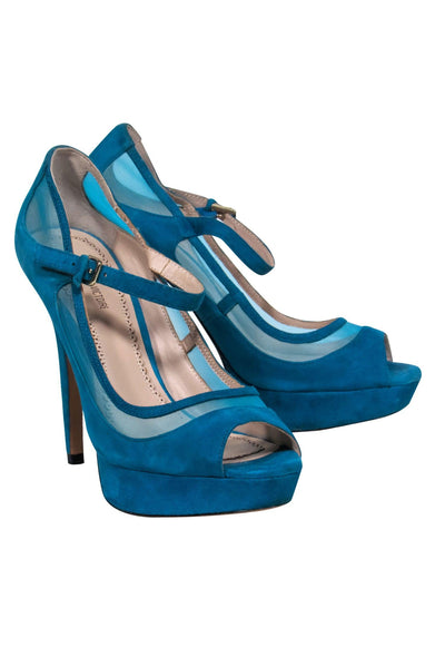 Current Boutique-Pour La Victoire - Teal Suede Mary Jane Platform Pumps w/ Mesh Sz 8