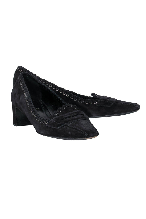 Current Boutique-Prada - Black Suede Block Heel Loafers w/ Eyelet Lace-Up Trim Sz 9.5