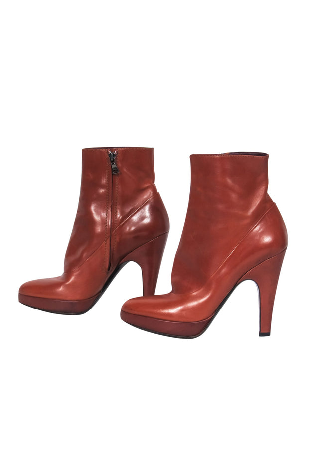 Current Boutique-Prada - Cognac Leather Platform Heeled Booties Sz 6