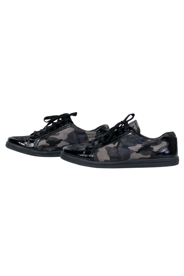 Current Boutique-Prada - Dark Green & Black Camouflage Print Sneakers w/ Patent Leather Trim Sz 8.5