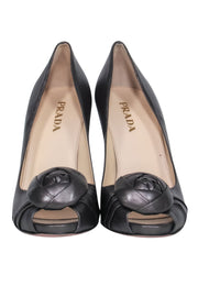 Current Boutique-Prada - Gunmetal Silver Peep Toe Pumps w/ Rosette Sz 8.5