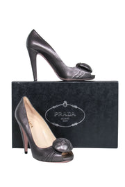 Current Boutique-Prada - Gunmetal Silver Peep Toe Pumps w/ Rosette Sz 8.5