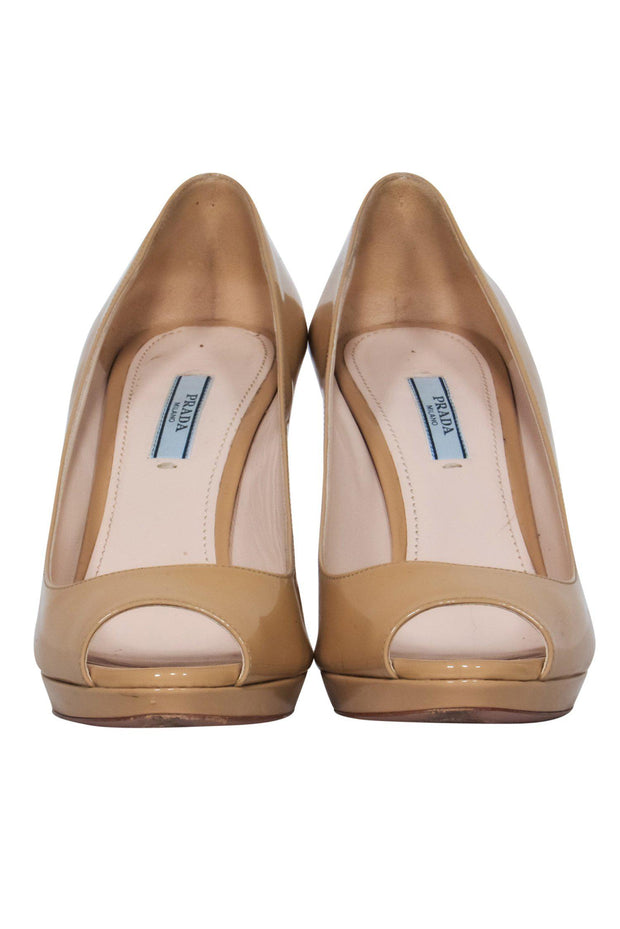 Current Boutique-Prada - Nude Patent Leather Peep Toe Pumps Sz 8.5