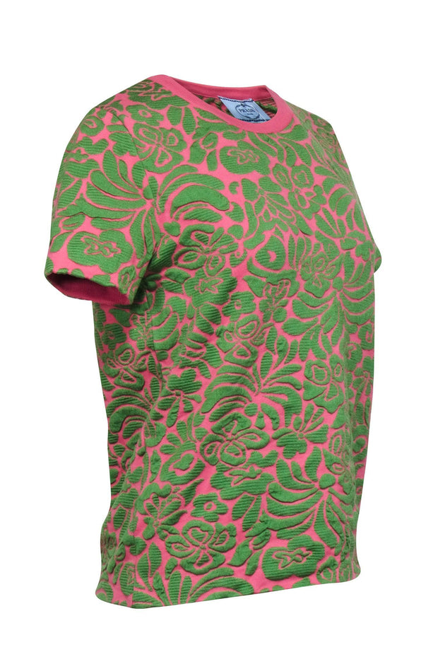 Current Boutique-Prada - Pink & Green Knit Palm Print Short Sleeve Top Sz 8