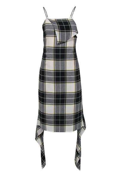 Current Boutique-Public School - Black, White & Yellow Plaid Sleeveless Midi Dress w/ High-Low Scarf Hem Sz 0