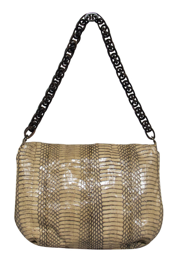 Current Boutique-R&Y Augousti - Beige Snakeskin Shoulder Bag w/ Wooden Chain Handle