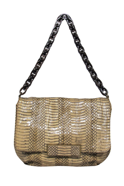 Current Boutique-R&Y Augousti - Beige Snakeskin Shoulder Bag w/ Wooden Chain Handle