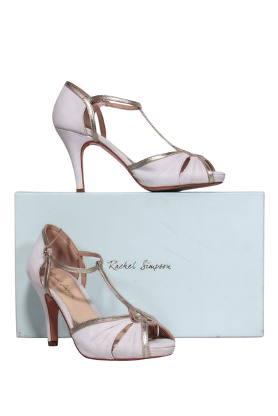 Current Boutique-Rachel Simpson - White Suede T-Strap Pumps w/ Silver & Rose Gold Leather Trim Sz 6