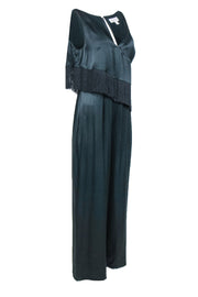 Current Boutique-Rachel Zoe - Emerald Green Sleeveless Wide Leg Satin Jumpsuit w/ Fringe Trim Sz 8