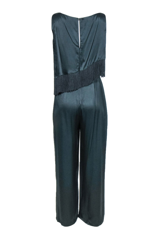 Current Boutique-Rachel Zoe - Emerald Green Sleeveless Wide Leg Satin Jumpsuit w/ Fringe Trim Sz 8