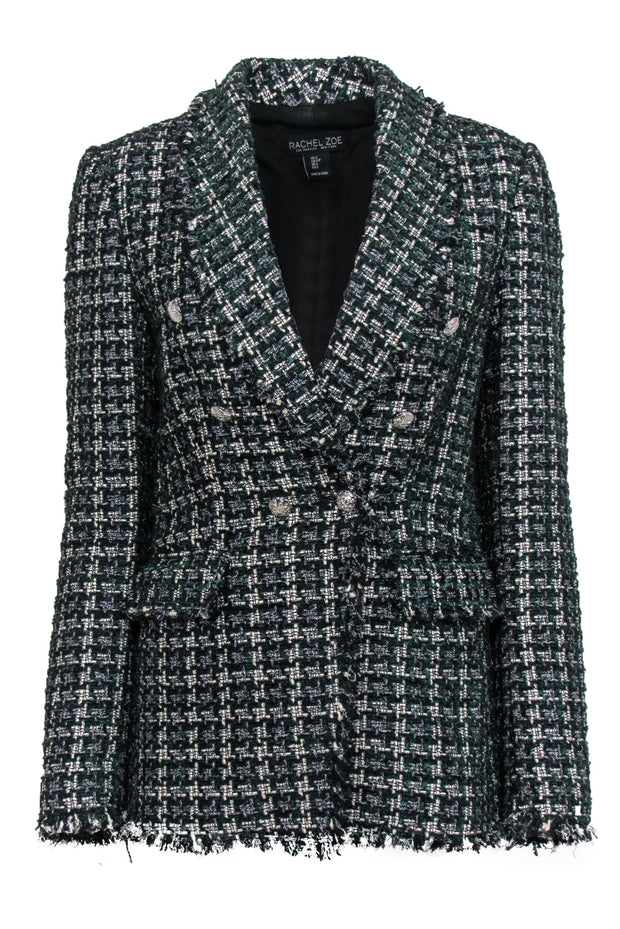 Current Boutique-Rachel Zoe - Green, Black & White Metallic Tweed Buttoned Blazer Sz S