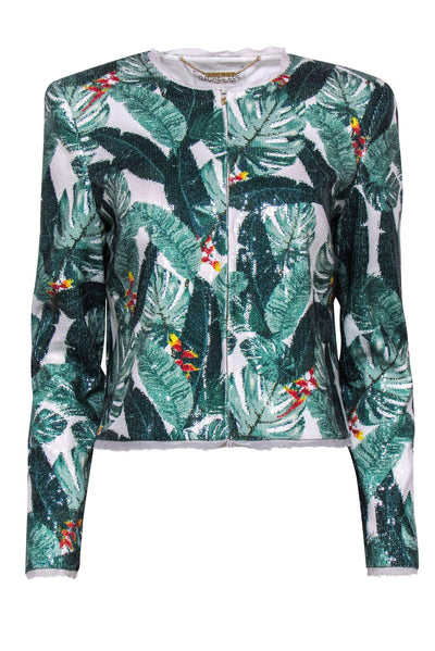 Current Boutique-Rachel Zoe - Green & White Sequin Tropical Print Clasped Jacket Sz 6