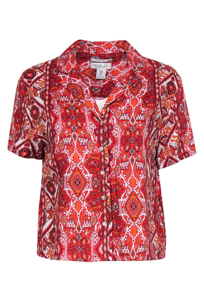 Current Boutique-Rachel Zoe - Orange, White & Light Blue Bohemian Print Short Sleeve Linen Blouse Sz M