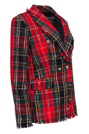 Current Boutique-Rachel Zoe - Red, Black & Green Plaid Double Breasted Blazer w/ Frayed Trim Sz S