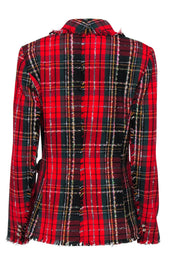 Current Boutique-Rachel Zoe - Red, Black & Green Plaid Double Breasted Blazer w/ Frayed Trim Sz S