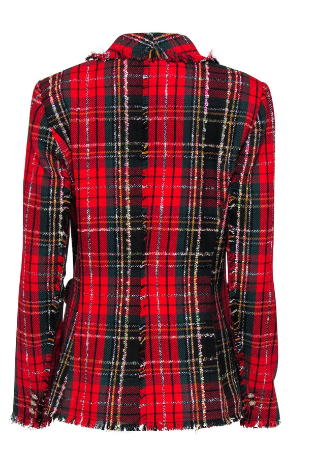 Current Boutique-Rachel Zoe - Red, Black & Green Plaid Double Breasted Blazer w/ Frayed Trim Sz S