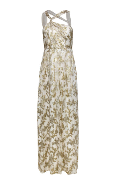 Current Boutique-Rachel Zoe - White, Gold & Silver Metallic Floral Print Gown Sz 6