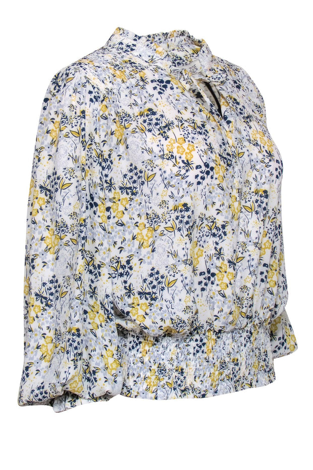 Current Boutique-Rachel Zoe - White, Yellow & Blue Floral Silky Peasant Blouse Sz L