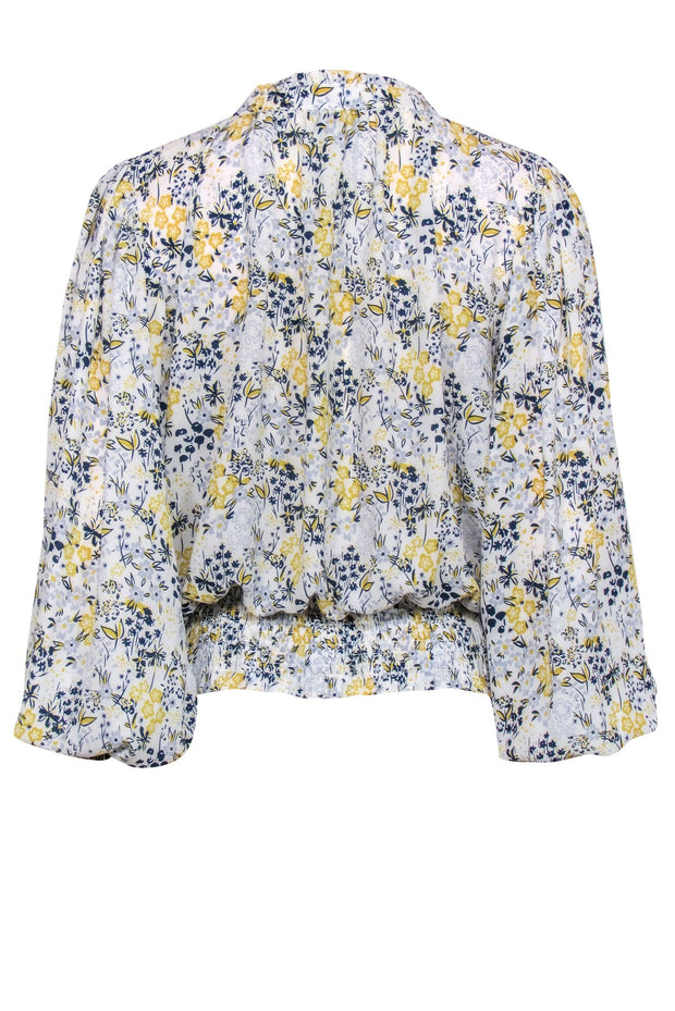 Current Boutique-Rachel Zoe - White, Yellow & Blue Floral Silky Peasant Blouse Sz L