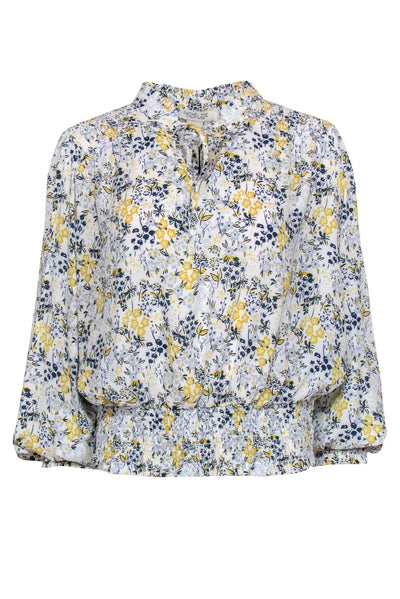 Current Boutique-Rachel Zoe - White, Yellow & Blue Floral Silky Peasant Blouse Sz L