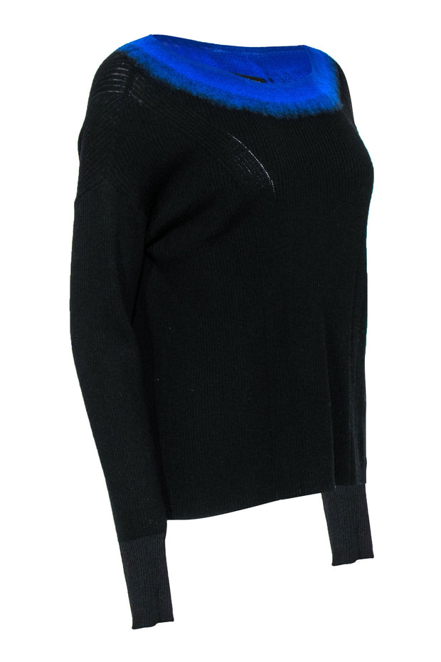 Current Boutique-Rag & Bone - Black Ribbed Merino Wool Sweater w/ Blue Ombre Neckline Sz M