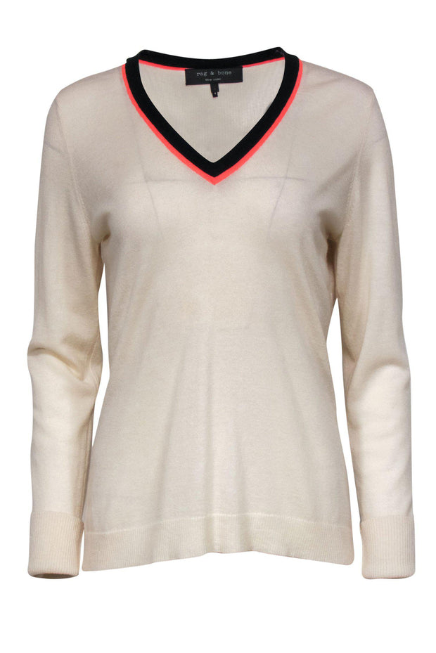 Current Boutique-Rag & Bone - Cream V-Neck Sweater w/ Striped Neckline Sz L