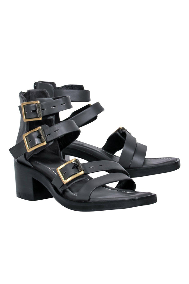 Current Boutique-Rag & Bone - Dark Grey Leather Buckled Heeled Sandals Sz 6.5