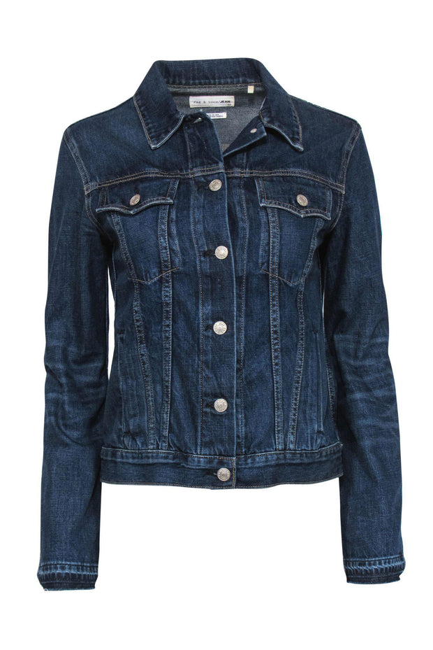 Current Boutique-Rag & Bone - Dark Wash Button-Up Denim Jacket w/ Frayed Cuffs Sz S