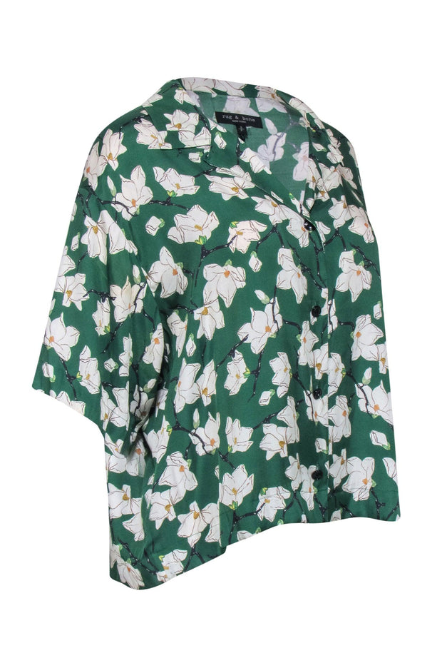 Current Boutique-Rag & Bone – Green w/ White Floral Print Silk Blend Top Sz S