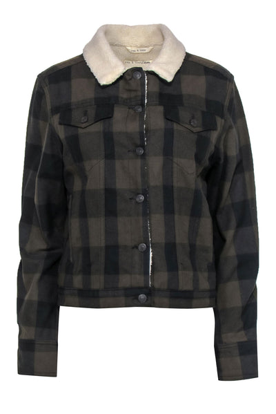 Current Boutique-Rag & Bone - Olive & Black Plaid Button-Up Jacket w/ Faux Sherpa Lining Sz M