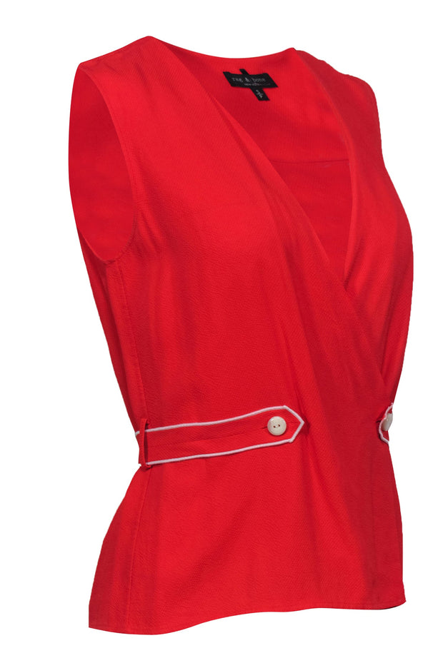 Current Boutique-Rag & Bone - Red Textured Wrap Tank w/ Buttons & White Piping Sz S